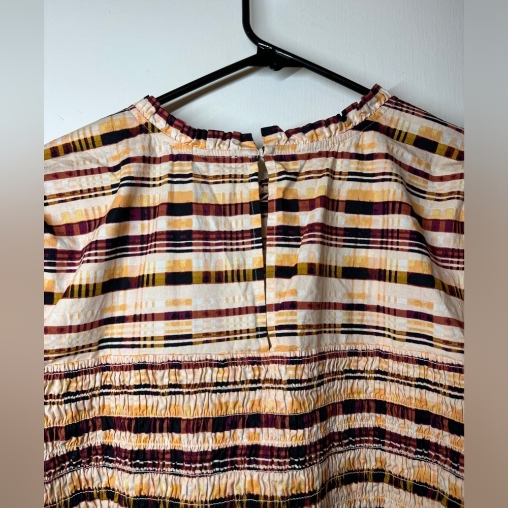 Eloquii Elements Plaid Short Puff Sleeves Peplum Smocked Cream Black Blouse 22 - Picture 10 of 16